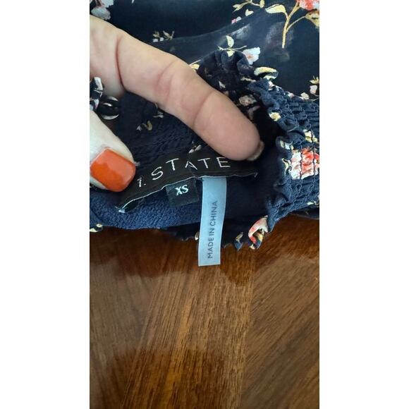 1.STATE Navy Floral Ruffle Mini Dress XS Smocked Waist Layered Hem - Picture 5 of 13